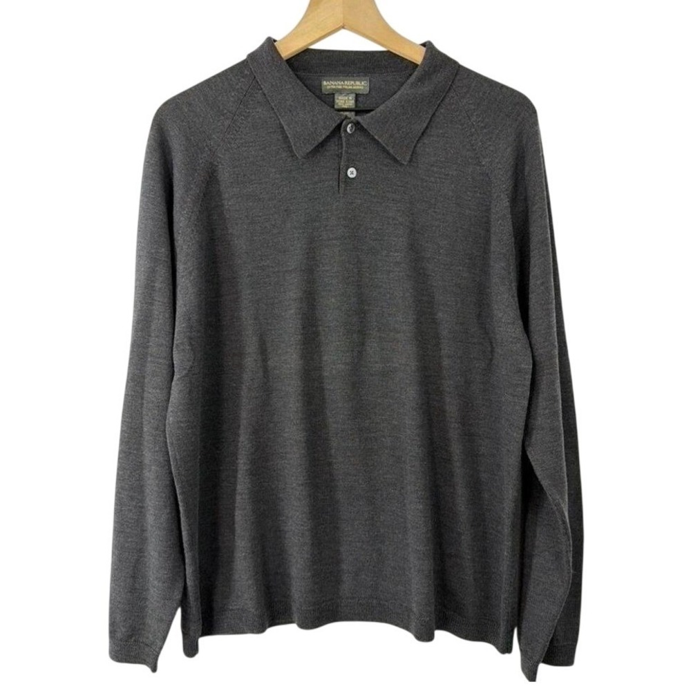 Banana Republic Extra Fine Italian Merino Wool Polo Sweater Gray‎ Mens XL